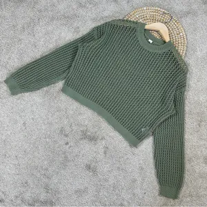 Old Navy Women’s Long-Sleeve Cropped Crochet Sweater Rib Knit Weeping Willow M thumbnail 4