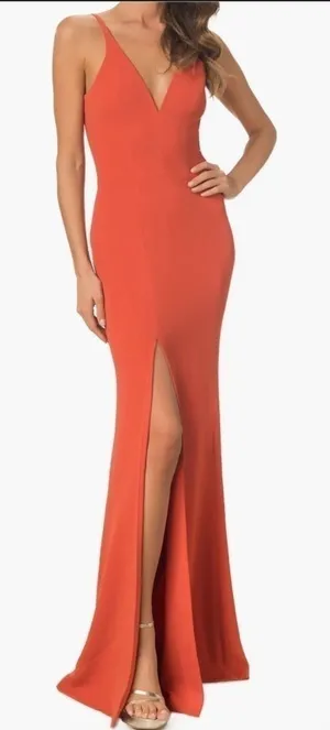 Dress The Population Iris v neck Slit Crepe maxi Gown in orange Size XL thumbnail 1