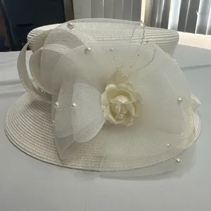 White Elegant Church Dress Hat with Mesh Bow Rose and Faux Pearls thumbnail 5