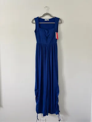 Popilush Sleeveless Square Neck Ribbed Cinch Wide Leg Jumpsuit Blue NWT M thumbnail 2