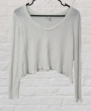 Lazy Sundays White Waffle Knit Long Sleeve Crop Top Size Small thumbnail 1