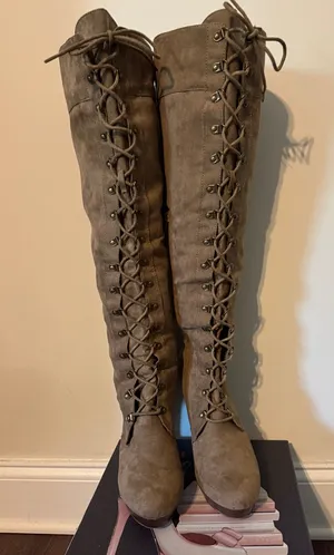 Over-the-Knee Lace-Up Women's Boots in Taupe thumbnail 1