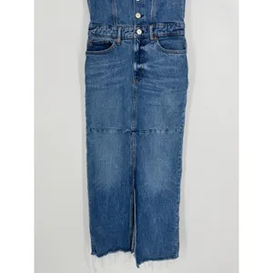 Reformation Tazz Maxi Denim Dress 0 Blue Button Front Slit Spaghetti Strap‎ Raw thumbnail 7