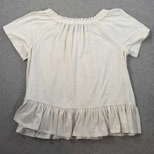 Cato Women's Large Beige Short Sleeve Peasant Blouse Ruffled Hem Button Front thumbnail 9