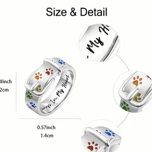 Women’s White Gold Colorful Paw Print “Always in My Heart” Engraved Ring Size 6 thumbnail 6