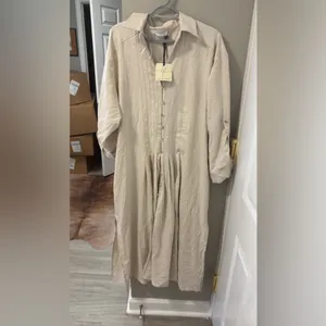 $139 Dress Forum Cotton Linen Pleated Longline Shirt Dress in oatmeal, NWT L thumbnail 7