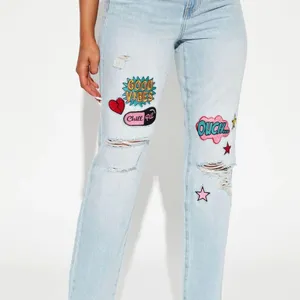 Patched In Pop Art Straight Leg Jeans Light Blue Wash Jr 11 Women’s 12 thumbnail 4