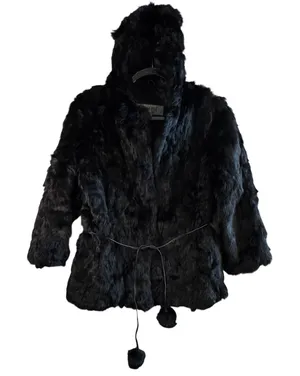 Wilsons Leather Maxima Genuine Fur Coat Hooded Black Belted Pom Luxury‎ Small thumbnail 1