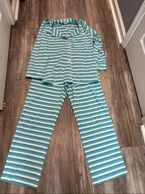 J. Crew Women's Long Sleeve Knit Pajama Set in Teal Whisper Mult, Size Medium thumbnail 2