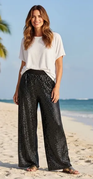 Anne Klein Black‎ Sequin Wide Leg Pants Size L thumbnail 1
