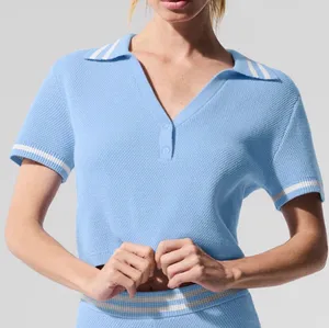 Alo Yoga Tennis Club Sweater Knit Cropped Polo Seashell Blue/White XS thumbnail 1