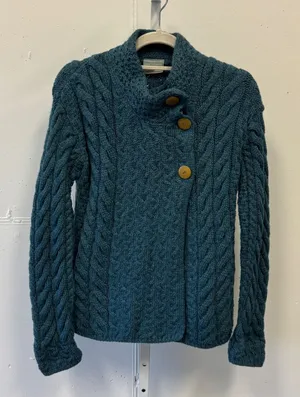 Carraig Donn Irish Merino Wool Cable Knit Cardigan Teal Blue XS Made in Ireland thumbnail 1