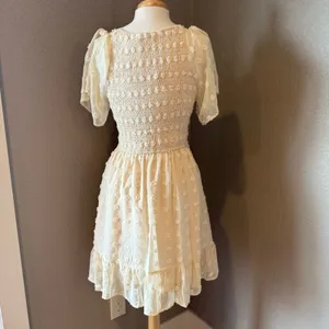 Tecrew Cream Crochet Smocked Puff Sleeve Mini Dress Large NWT thumbnail 2