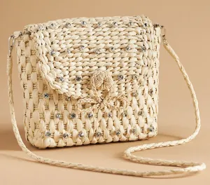 Anthropologie Embellished Straw Crossbody‎ Bag NWT Tan Cream Woven thumbnail 1