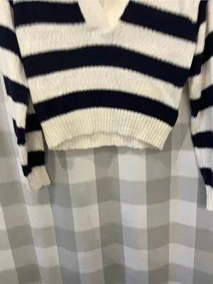 Maeve Cropped Striped V-Neck Sweater in Navy and Cream thumbnail 2