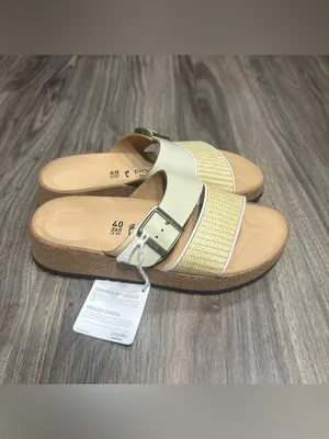 Birkenstock Women’s Two-Band Slide Sandals in Cream and Natural Woven thumbnail 4