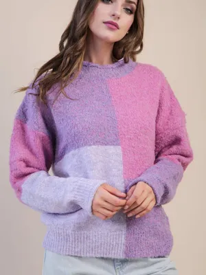 NWT Very J Oversized Color Block Cozy Knit Sweater Purple/Pink Size Large thumbnail 1