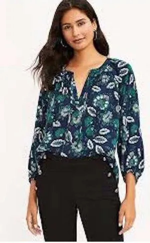 Loft EUC Women's Floral Shirred Tie Neck Blouse Long Sleeve Blue Size L thumbnail 1