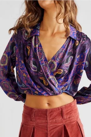 $98 NWOT Free People Lana satin wrap 70s inspired blouse M thumbnail 1