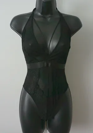 BodyRage Witchy MobWife Goth Dark Romance Sheer Lace Halter Bodysuit S/M Black thumbnail 1
