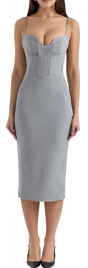 NEW House of CB KIKI Light Grey Mesh Panelled Bodycon Midi Dress sz S thumbnail 1