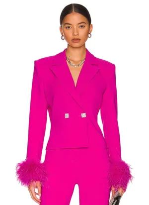 NWT NBD Elisha "Fuchsia" Hot Pink Feather Trim Rhinestone Button Blazer Glam thumbnail 1