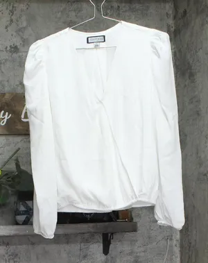 Sam & Jess Womens Woven Petite Puff-Sleeve Top New Ivory Off White PL thumbnail 1