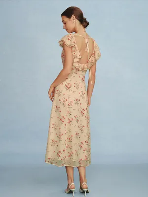 Rihoas Yellow Butterfly Sleeve Tie Floral Midi Dress thumbnail 5
