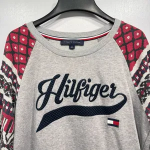 Tommy Hilfiger Gray Crewneck Sweatshirt Red Print Sleeves Navy Stitched Logo thumbnail 5