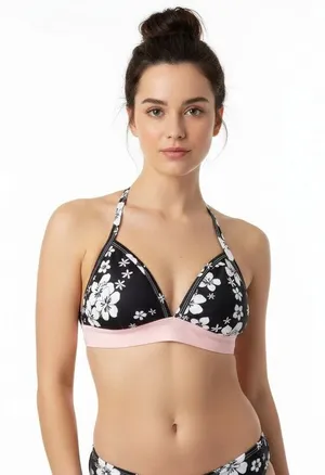 Frankies Bikinis Black White Floral Sports Bra, S thumbnail 1