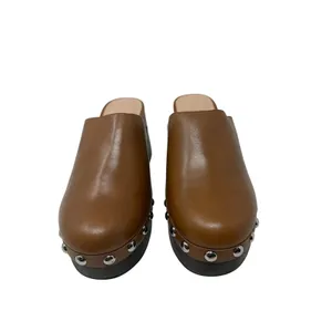 J.Crew Slip-On Studded Platform Clogs Leather Brown Wood Wedge Heel Size 8.5 thumbnail 2
