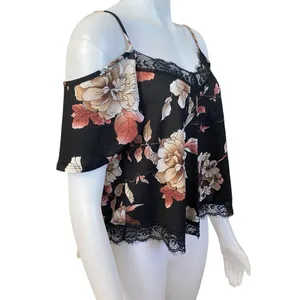 Free Press Clothing black pink floral off the shoulder short sleeve crop top M thumbnail 2