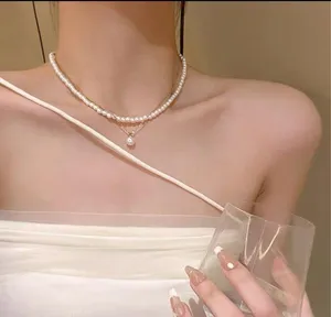 Double Pearl Collar Chain Necklace Gold thumbnail 2
