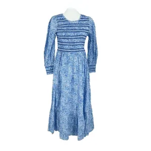 NWT Pink City Prints Isabel Dress XS Ornate Sky Blue Cotton Smocked Midi thumbnail 5