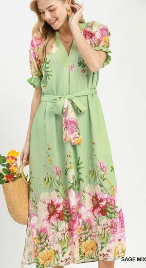Umgee Mix Floral‎ Border Print Midi Dress - Sage Mix - Small thumbnail 1