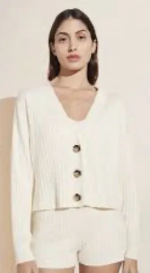 EBERJEY Ribbed Cropped Cardigan Sweater Ivory Heather Size XL thumbnail 1