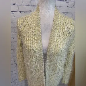 Anthropologie Women larkin Shimmer Knit Cardigan M Yellow Fuzzy Cozy thumbnail 2