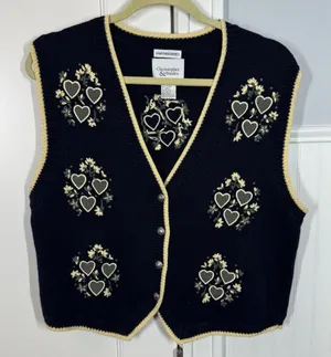 Vtg Hand-knit Christopher & Banks Sweater Vest Navy Yellow Hearts Flowers‎ thumbnail 1