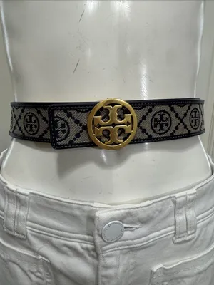 Tory Burch Black and Beige Logo Web Belt with Gold Medallion Buckle Size Small thumbnail 1