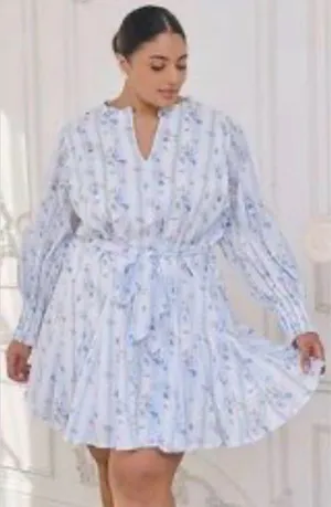 Sugarlips Light Blue Floral Long-Sleeve Tie-Waist Mini Dress thumbnail 1