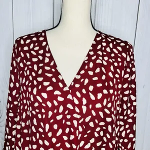 West K Faux Wrap Blouse 3/4 Sleeve Tie Maroon Polka Dot Women's Size M thumbnail 2