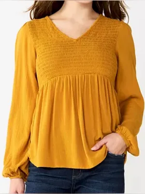 Sonoma Mustard Yellow Smocked Babydoll Peasant Blouse Large Boho Hippie thumbnail 1