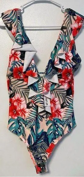 SPORLIKE • NWT Women One Piece Swimsuit V-Neck Ruffle Bathing Suit Padded thumbnail 1