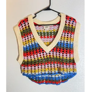 BDG M Colorful Crochet Knit Sweater Vest Retro V-Neck thumbnail 1