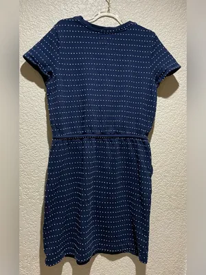 Lou & Grey Navy Blue White Polka dots Everyday Dress Pockets Cinched Waist M thumbnail 3
