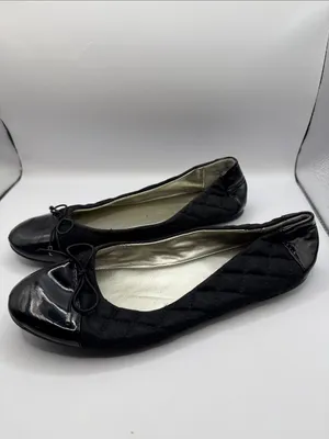 Justice Black Quilted Ballet Flats Patent Toe Bow Slip On Shoes Size 8 thumbnail 5