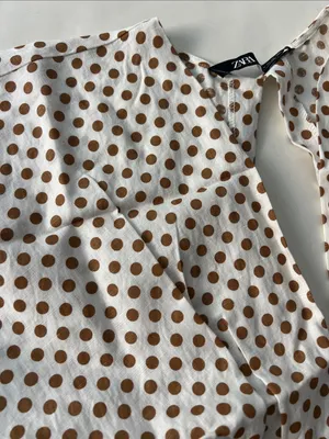 ZARA Linen Blend Polka Dot Crop Deep V Neck Tie Back Blouse Top White Mustard M thumbnail 6