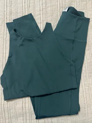 girlfriend collective Deep Teal Leggings and Crop Tank Sports Bra Set thumbnail 1