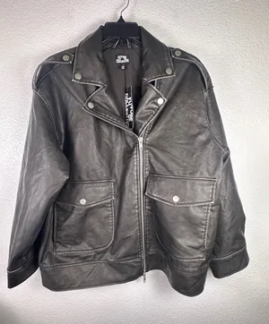 Future Collective Womens XL Faux Leather Biker Jacket Washed Black Oversized NWT thumbnail 1