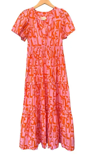 Anthropologie The Somerset French Writing Maxi Dress Pink Orange Size Medium thumbnail 1